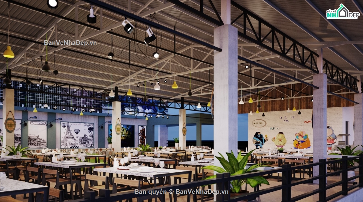 Tổng hợp 10 mẫu Sketchup phối cảnh nhà hàng quán ăn được phối cảnh không gian nội và ngoại thất